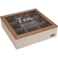 Theedoos - 9-vaks - beige/bruin - hout - 24 x 24 x 7 cm - theekist - glazen deksel