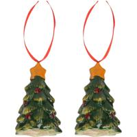 Kersthanger kerstboom - 2x - rood - 8 cm - keramiek - kerstornament - kerstboomversiering