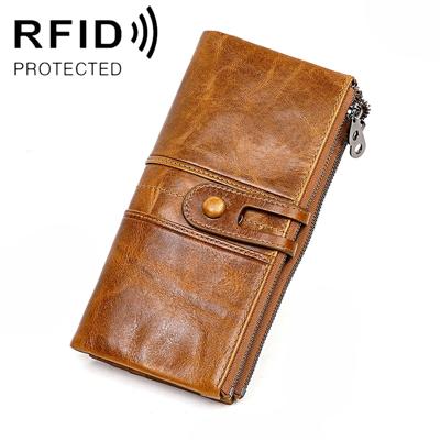 3520 Long Cowhide Leather Folding Anti-magnetic RFID Wallet for Ladies with Card Slots(Yellowish-brown)