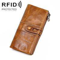 3520 Long Cowhide Leather Folding Anti-magnetic RFID Wallet for Ladies with Card Slots(Yellowish-brown)