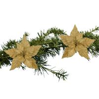 Kerstboom bloemen op clip - 2x stuks - goud - 18 cm - polyester fluweel - kerstster - thumbnail