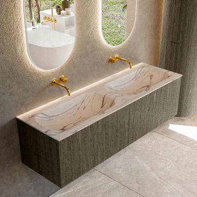 Badmeubel Mondiaz Kurve-Dlux | 150 cm | Meubelkleur Shadow | Wastafelkleur Nata | Solid surface | Wasbak beide zijden spoelbak | Zonder kraangat(en)