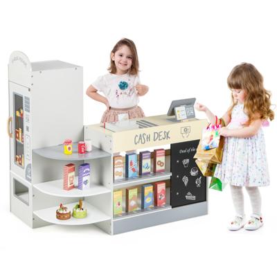 Kinderwinkelwinkel Winkelwinkel van Hout Supermarktset met Kassa POS-Machine Verkoopautomaat en Krijtbord (Grijs)