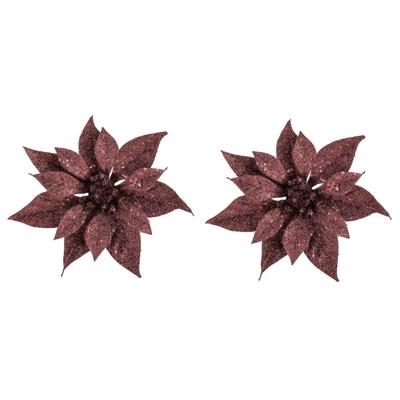 Kerstboomversiering Kerstster - 2x - 18 cm - donkerrood glitter - op clip - ornament