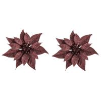 Kerstboomversiering Kerstster - 2x - 18 cm - donkerrood glitter - op clip - ornament