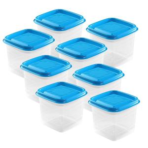 Vershoudbakjes Hega - set van 8x stuks - 0.7 liter - transparant/blauw - L11 x B11 x H12 cm