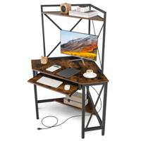 Bureau met Laadstation Hoekcomputertafel met Toetsenbordplank en 2 Planken Metalen Frame Werktafel voor Thuiskantoor Vintage