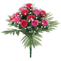 Louis Maes Kunstbloemen boeket rozen/gipskruid - roze/cerise - H36 cm - Bloemstuk - Bladgroen   -