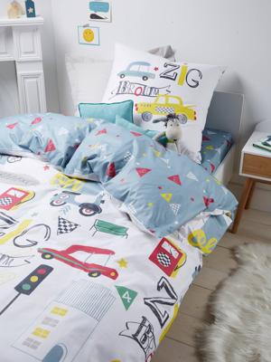 Set van kinderdekbedovertrek + kussensloop AUTO CITY print met autootjes