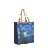 Boodschappentas 'Starry Night ' - Stevige Nylon Shopper met Leren Hengsels - Van Gogh Print - 39x43 cm
