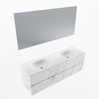 MONDIAZ VICA 150cm badmeubel onderkast Carrara 2 lades. Wastafel Moon dubbel zonder kraangat, kleur Talc met spiegel LED.