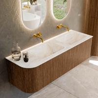 Mondiaz KURVE-DLUX 145 cm Onderkast Greeploos 1 Lade Met Deuren Walnut, Wastafel Solid Surface Rechts Frappe 0 Kraangaten Zonder Spiegel (KRVLEA145L1L1D0KD-Wal/Fra)
