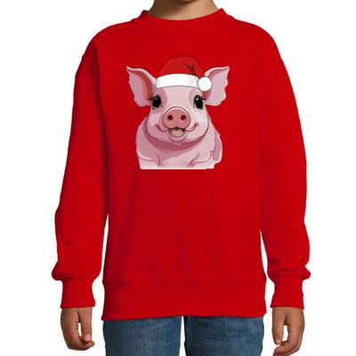 Kersttrui / sweater boerderijdieren - kinderen - Varken - rood - kerstmuts - Kerstmis