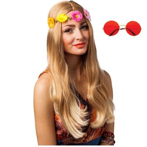 Hippie Flower Power Sixties verkleed set hoofdband met rode party bril