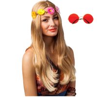 Hippie Flower Power Sixties verkleed set hoofdband met rode party bril