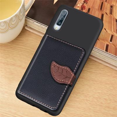 Litchi patroon kaart tas portemonnee beugel + TPU telefoon geval met kaartsleuf portemonnee beugel functie voor Samsung A70 (zwart)