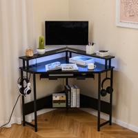 Hoekbureau met Oplaadstation & LED & Toetsenbordlade & Monitorstandaard Gamingtafel Zwart
