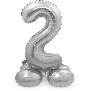 Zilverkleurig Folieballon Cijfer 2 Op Standaard (72 cm)