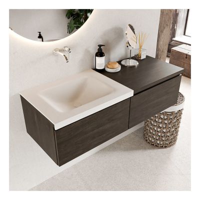 Mondiaz Bukla 120cm badmeubel met module 60 dark brown 2 lades met wastafel links zonder kraangat kleur talc