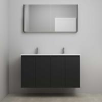 On-Line Badkamermeubelset - 120 cm - Bouwpakket - Greeploos 4 Deuren - Acryl Wastafel - 2 Kraangaten - Spiegelkast - Mat Zwart