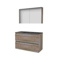 Basic-Line Comfort 46 Badkamermeubelset - 100 x 46 cm - Greeploos - 2 Lades - Hardstenen Wastafel - Zonder Kraangat - Spiegelkast - Scotch Oak