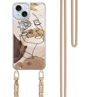 iPhone 15 hoesje met beige koord - Abstract gezicht bruin iPhone 15 hoesje met beige koord - Abstract gezicht bruin