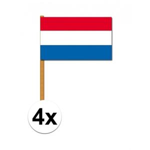 Luxe grote zwaaivlaggen Nederland - 4x - 30 x 45 cm - op lange stok - feestartikelen