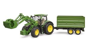 John Deere 7R 350 met voorlader en trailer van Bruder