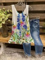 Casual Sleeveless Floral-print Crew Neck Shirt & Top