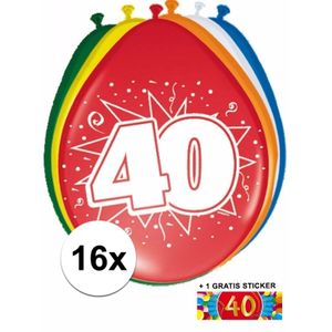 Versiering 40 jaar ballonnen 30 cm 16x + sticker