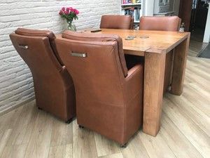 Set van 4 leren eetkamerfauteuils - met armleuning en wieltjes - bruin leer - Echt leer, Landelijk, ontdek de vele Leersoorten en Kleuren bij ShopX