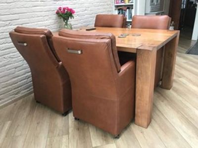 Set van 4 leren eetkamerfauteuils - met armleuning en wieltjes - bruin leer - Echt leer, Landelijk, ontdek de vele Leersoorten en Kleuren bij ShopX