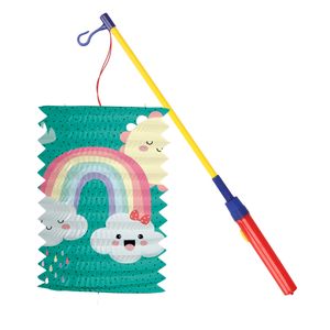 Trek lampion regenboog - blauw - H16 cm - papier - met lampionstokje - 43 cm