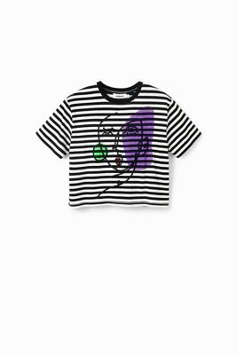 Gestreept T-shirt met arty gezicht - BLACK - XS
