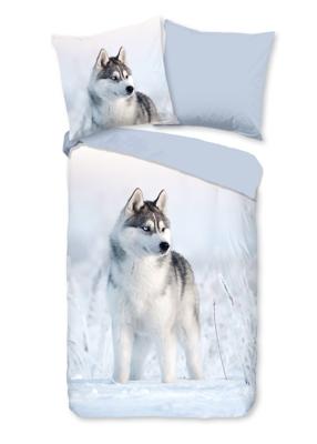 Good Morning Dekbedovertrek "husky hond" - Blauw - (155x220 cm) - Katoen