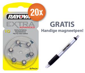 Voordeelpak Rayovac gehoorapparaat batterijen - Type 10 (geel) - 20 x 6 stuks + gratis magnetische batterijpen