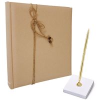 Gastenboek/receptieboek met luxe pen in houder - Bruiloft - goud/beige - 24 x 24 cm - thumbnail