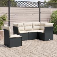 5-delige Loungeset met kussens poly rattan zwart