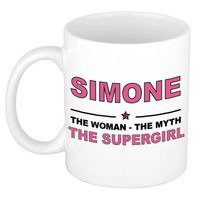 Naam cadeau mok/ beker Simone The woman, The myth the supergirl 300 ml - Naam mokken