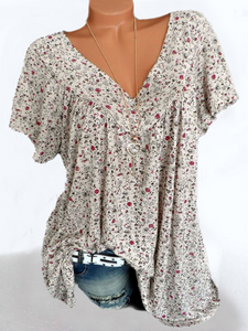 Casual V Neck Floral Short Sleeve Top