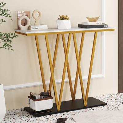 Gouden Haltafel 100 cm Moderne Consoletafel met Imitatiemarmeren Blad Geometrische Tafel Achter de Bank met Opbergruimte