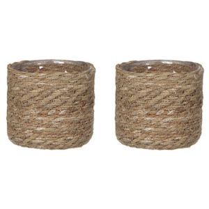 2x stuks naturel bruin rotan planten pot mand van gedraaid jute/riet H14 en D14 cm