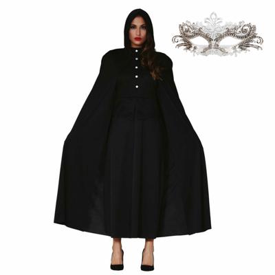 Carnaval gemaskerd bal verkleed set - Oogmasker zilver - Lange cape met capuchon zwart - dames