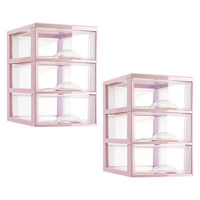 Ladeblokje/bureau organizer - 2x stuks - 3 lades - transparant/roze - L18 x B25 x H25 cm - plastic