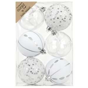 Gedecoreerde kerstballen - 6x st - 8 cm - kunststof - zilver/wit