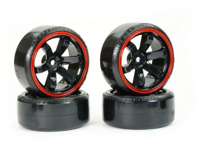 Fastrax 1/10 straat/drift banden op 6 spaaks velgen (6mm Offset)- Zwart/Rood