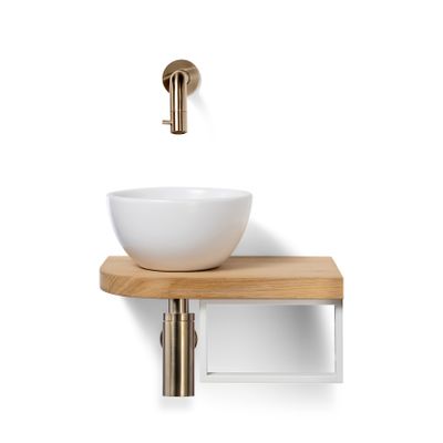 Blue Label Lille fonteinset wit met waskom sifon clickwaste fonteinplank en handdoekrek Geborsteld goud PVD