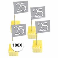 25 jaar thema feestartikelen - 100x stuks Cocktail prikkers - versiering - zilveren bruiloft