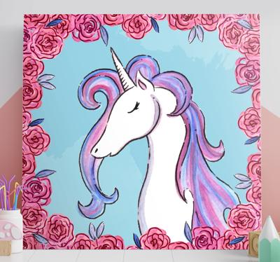 Canvas schilderij eenhoorn en roze bloemen