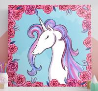 Canvas schilderij eenhoorn en roze bloemen